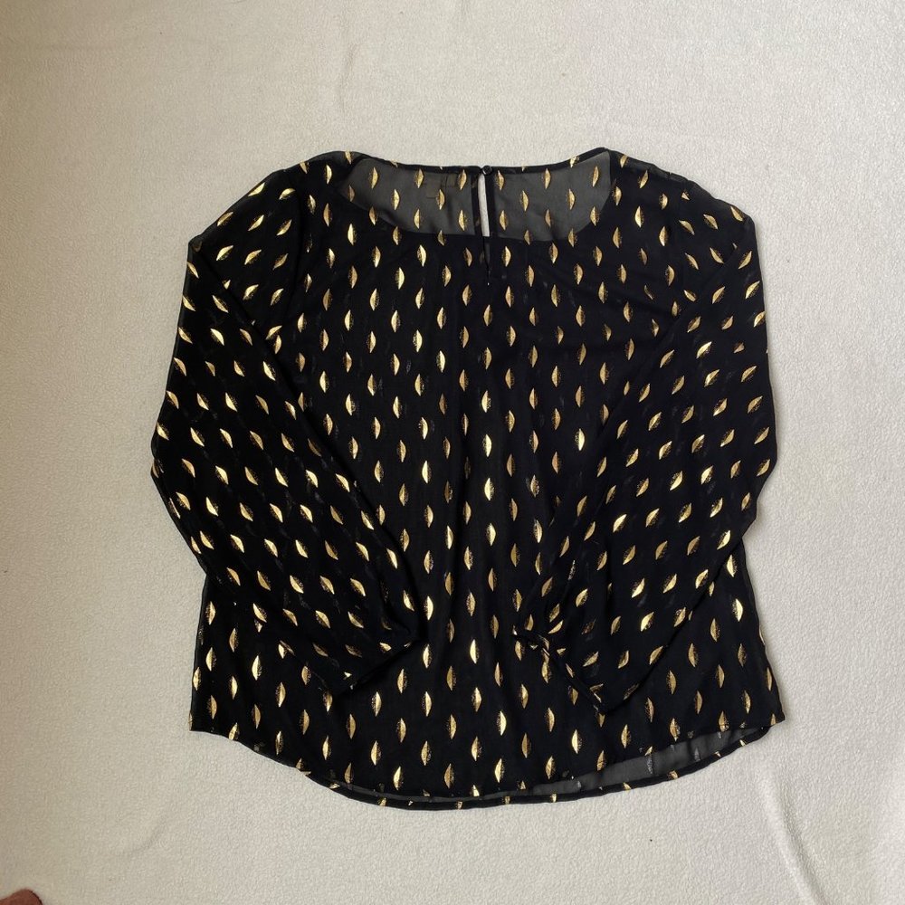 Maison Jules Women's Gold Patterned Long Sleeve Top Blouse Black Size L